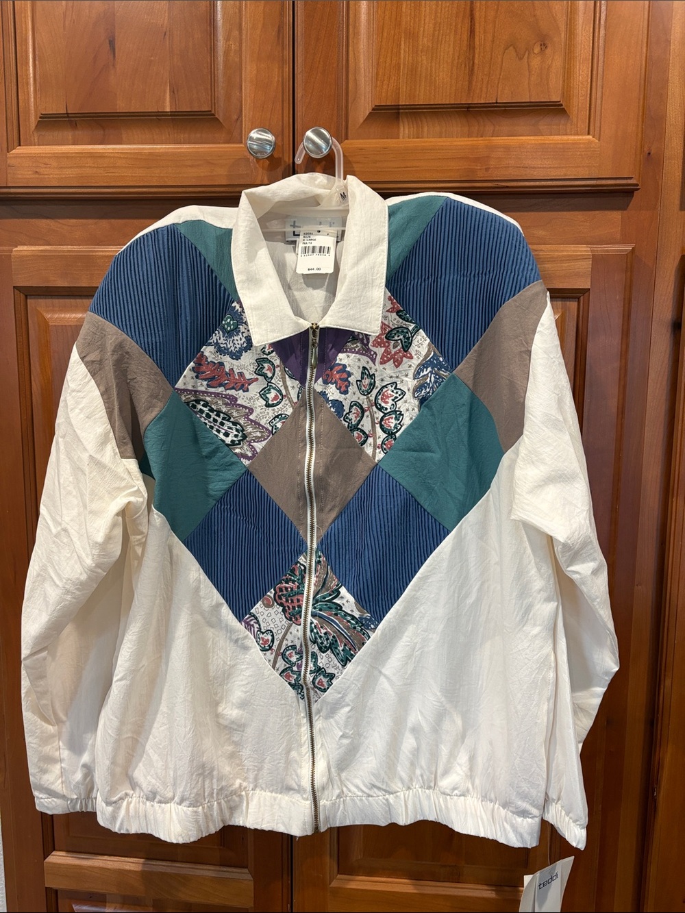 NWT Teddi White Zip-Up Patchwork Jacket with Teal, Navy & Taupe